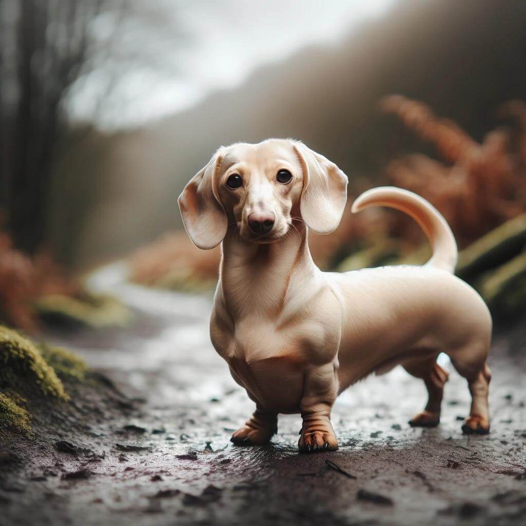 An_English_cream_Dachshund_stands_proudly_on_a_mud