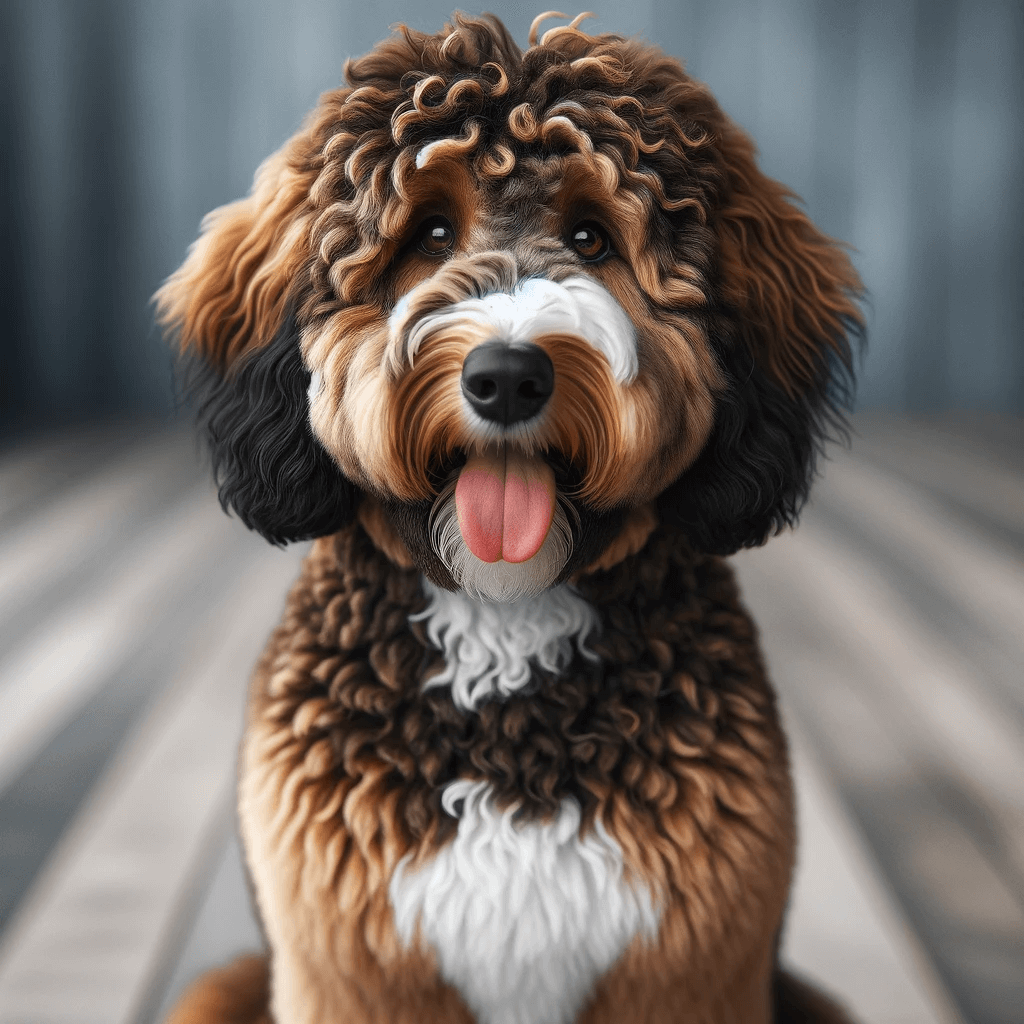 An_F1B_Bernedoodle_dog_sitting_attentively_with_a_curly_multicolored_brown_coat_with_symmetrical_white_and_black_markings_over_its_eyes