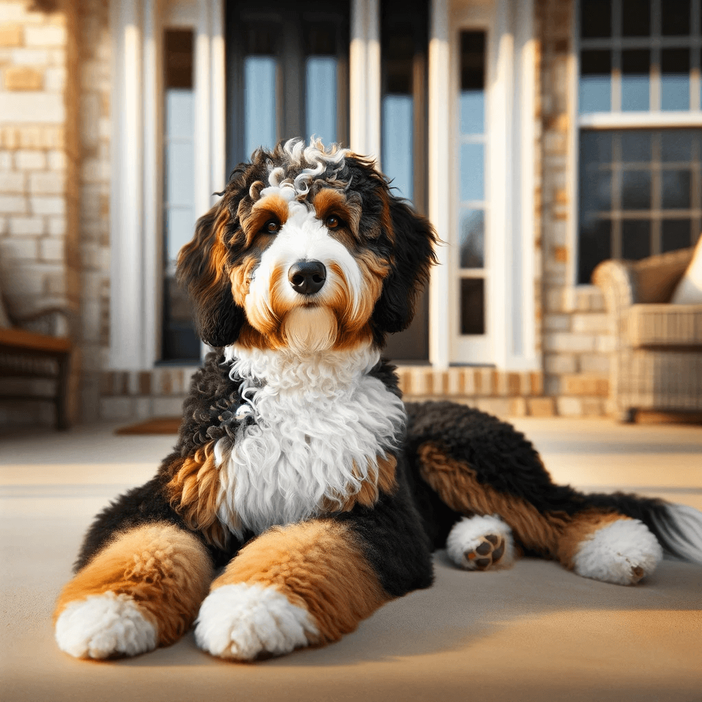 An_F1B_Bernedoodle_lying_down_on_a_welcoming_front_porch_with_a_wavy_tri-color_coat_beautifully_displayed
