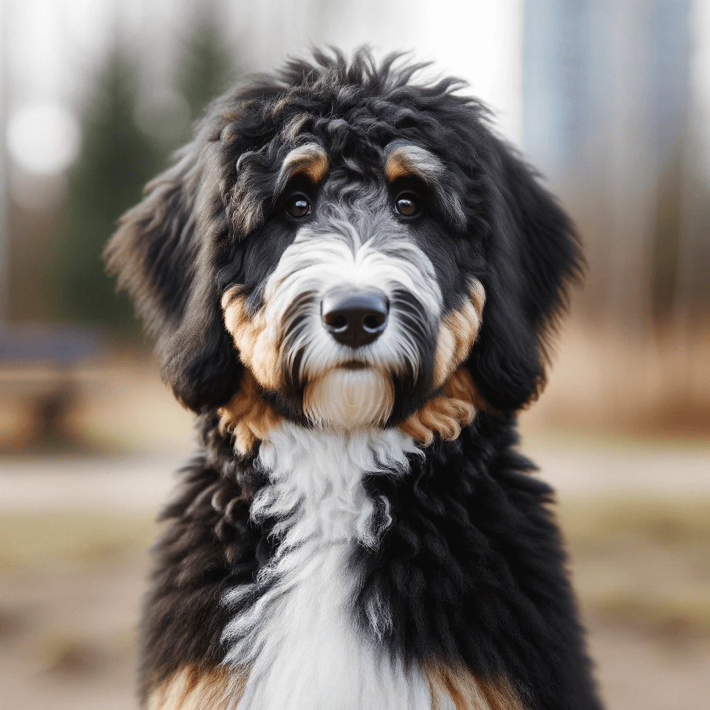 An_F1B_Bernedoodle_standing_in_an_outdoor_setting_with_a_coat_displaying_a_mix_of_black_gray_and_white