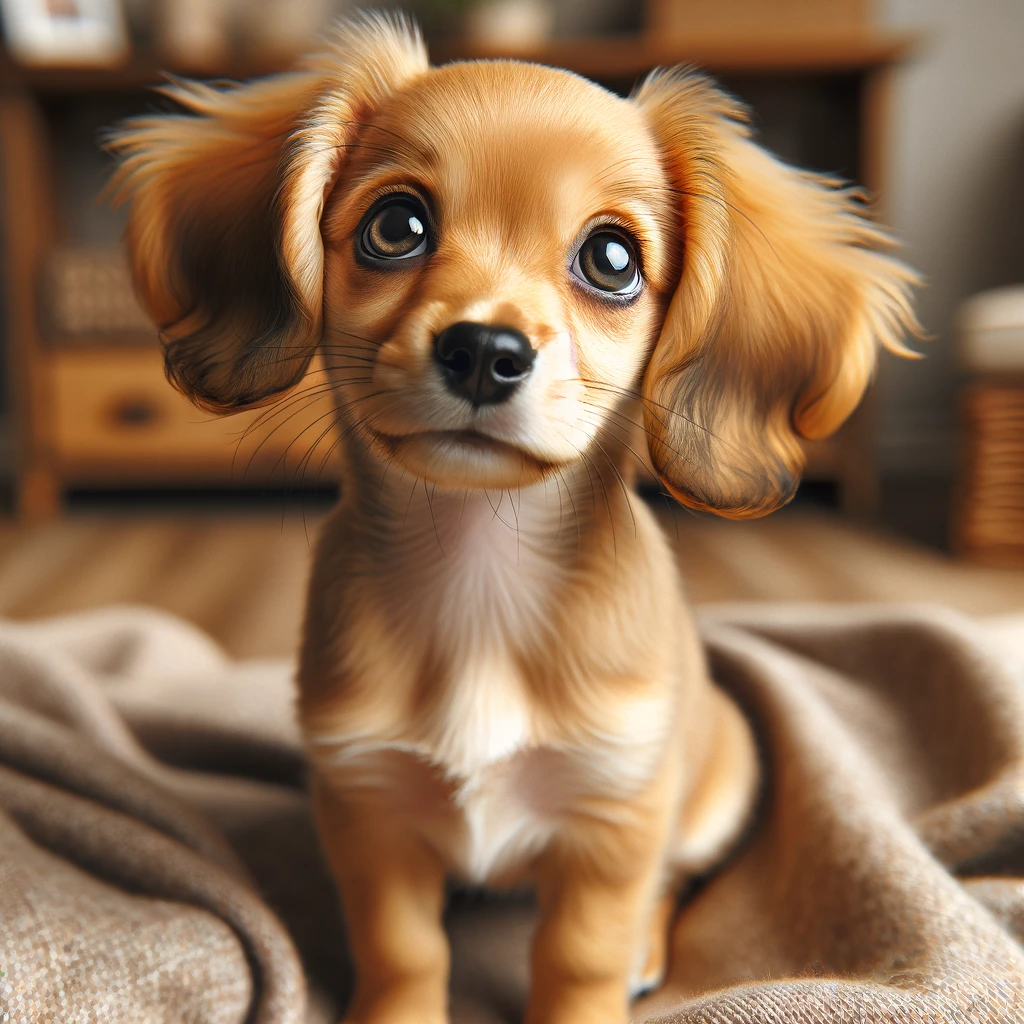 An adorable Labrahuahua puppy with floppy ears and big, expressive eyes, looking up curiously