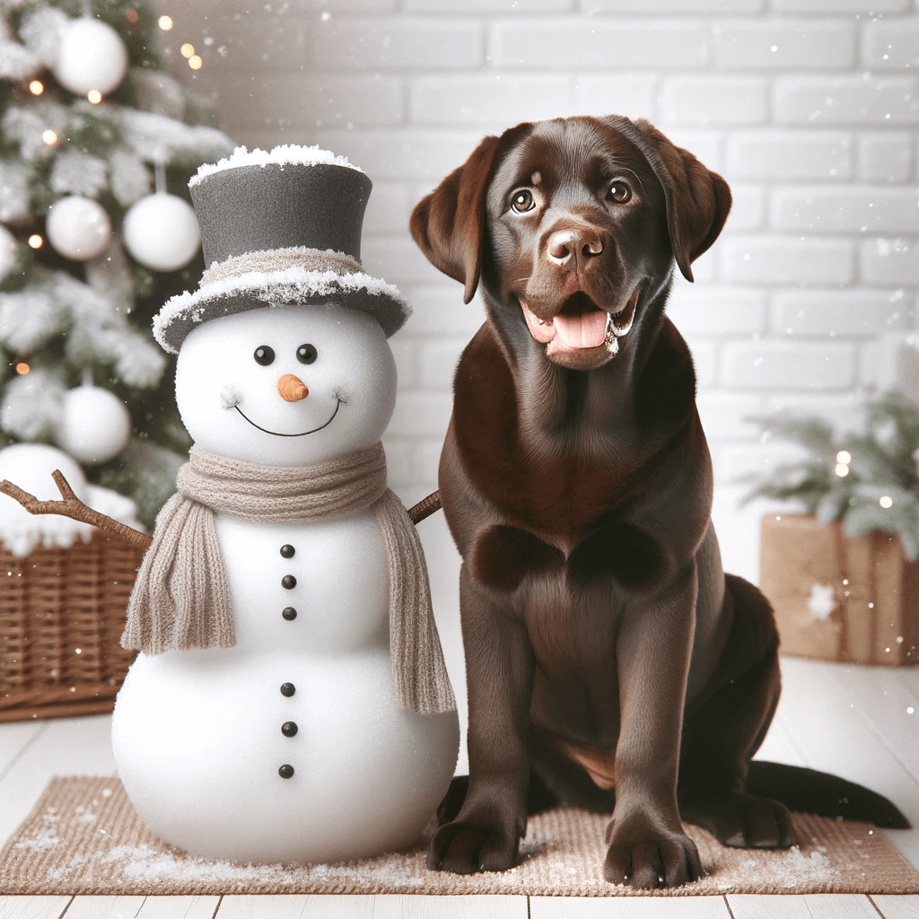 An adorable scene of a chocolate Labrador sitting next to a snowman