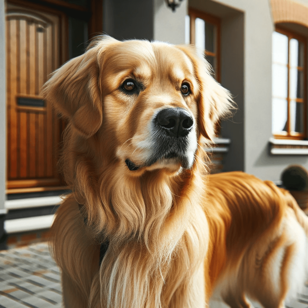 An_alert_Dark_Golden_Retriever_standing_guard_in_front_of_a_house_its_protective_instincts_and_loyal_nature_evident_in_its_watchful_gaze