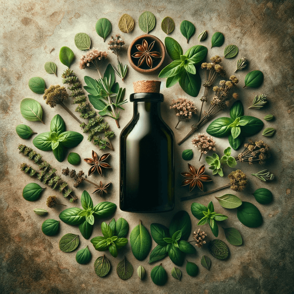 An_artistic_arrangement_of_a_bottle_of_oregano_oil_surrounded_by_dry_and_fresh_oregano_leaves_on_a_textured_background