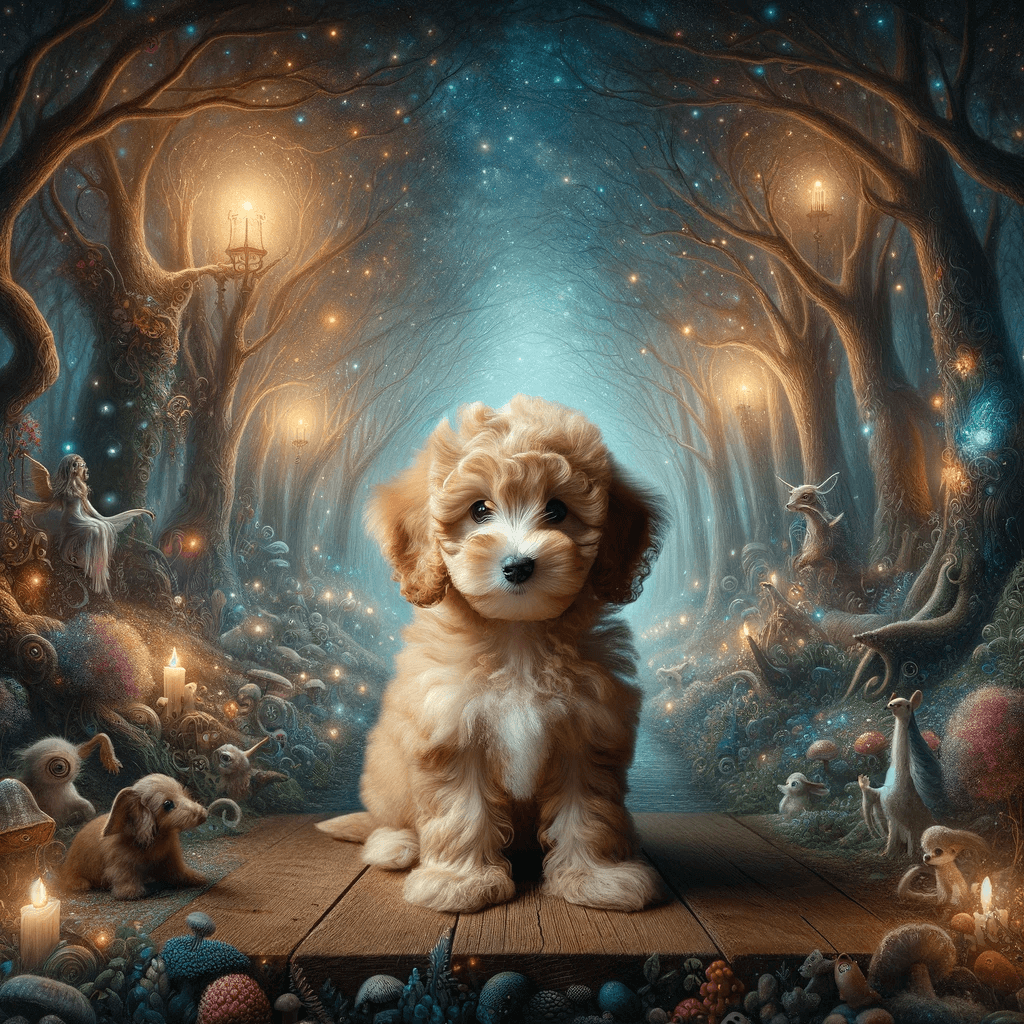 An_artistic_portrayal_of_a_Teacup_Labradoodle_in_a_whimsical_fairy_tale_setting