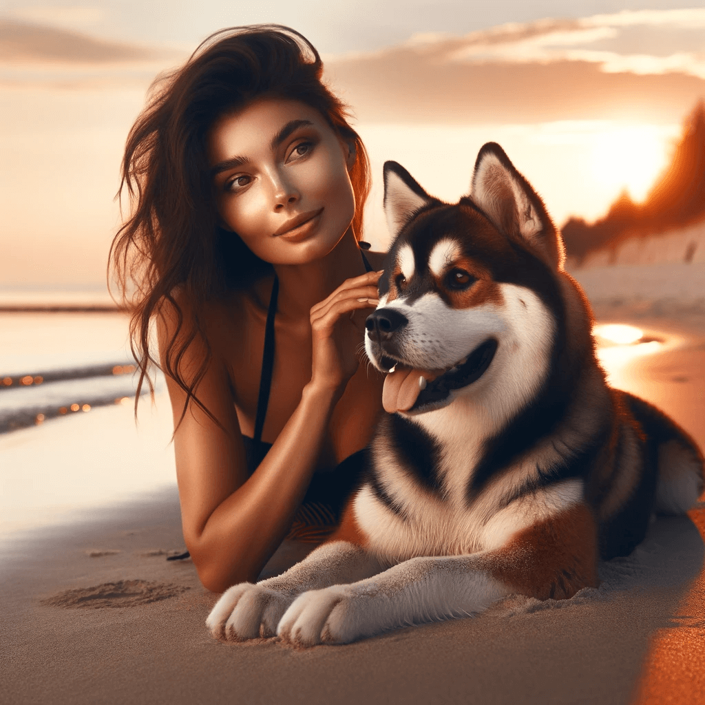 An_attractive_woman_and_a_Husky_Boxer_Mix_Boxsky_relaxing_together_on_a_beach_at_sunset