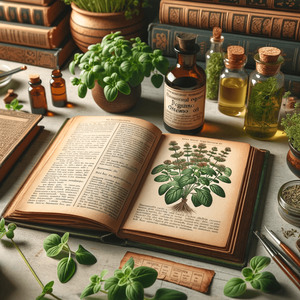 An_educational_setup_with_a_book_about_herbal_remedies_open_to_a_page_about_oregano_oil_with_the_oil_and_plants_nearby