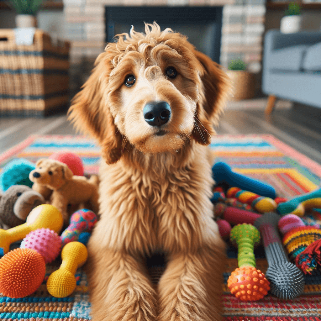 An_engaging_image_of_a_flat_coat_Goldendoodle_with_its_head_tilted_curiously_as_it_sits_on_a_colorful_rug_surrounded_by_various_dog_toys_d7e78a62-0245-402a-a5c7-2dcb6b6d27e8