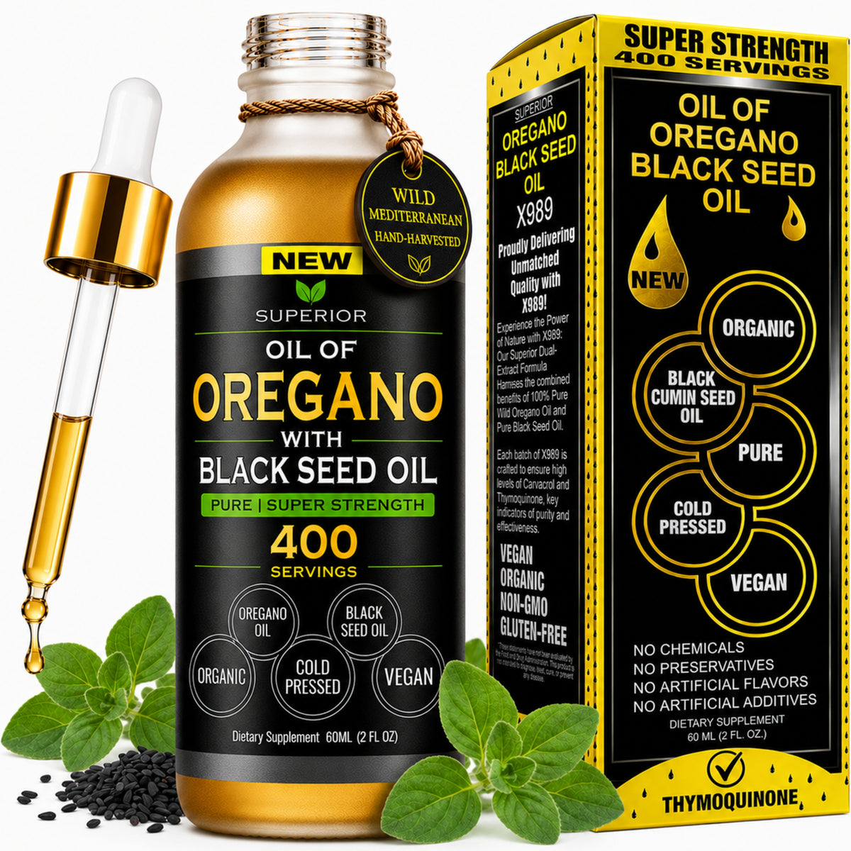 Oil Of Oregano With Black Seed Oil - Organic 2 in 1 Herbal Supplement | 400 Servings