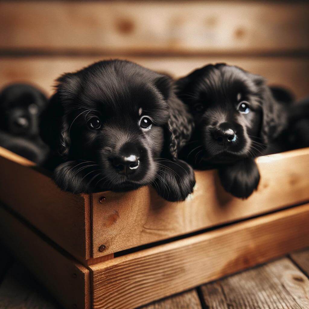 Black_Golden_Retriever_puppies_nestled_in_a_wooden