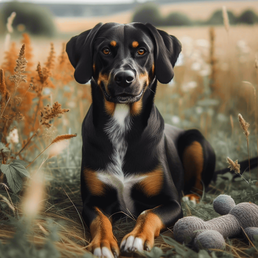 Black_coonhound_lab_mix_Labahoula_with_a_white_chest_standing_in_a_field_with_a_toy_nearby