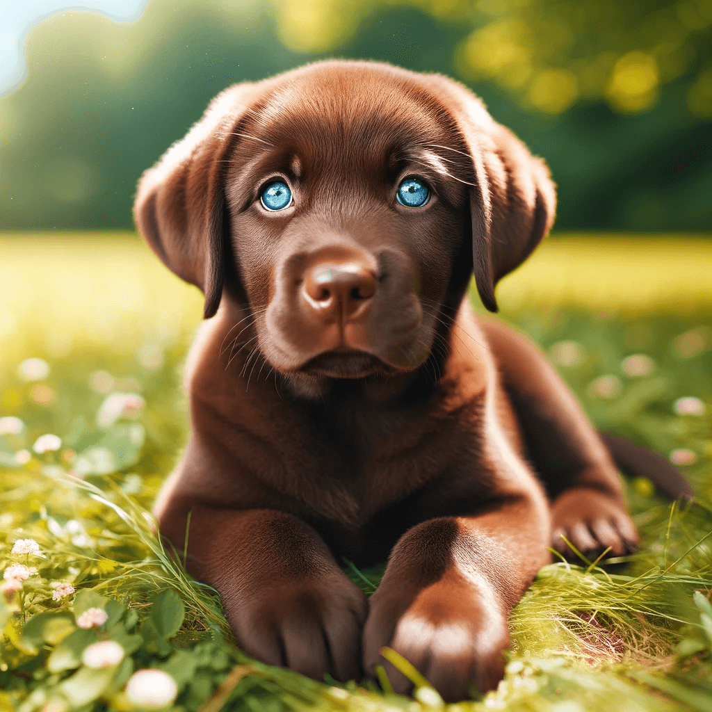 Blue-Eyed_Chocolate_Lab_Puppy_Resting_in_a_Sunny_Meadow