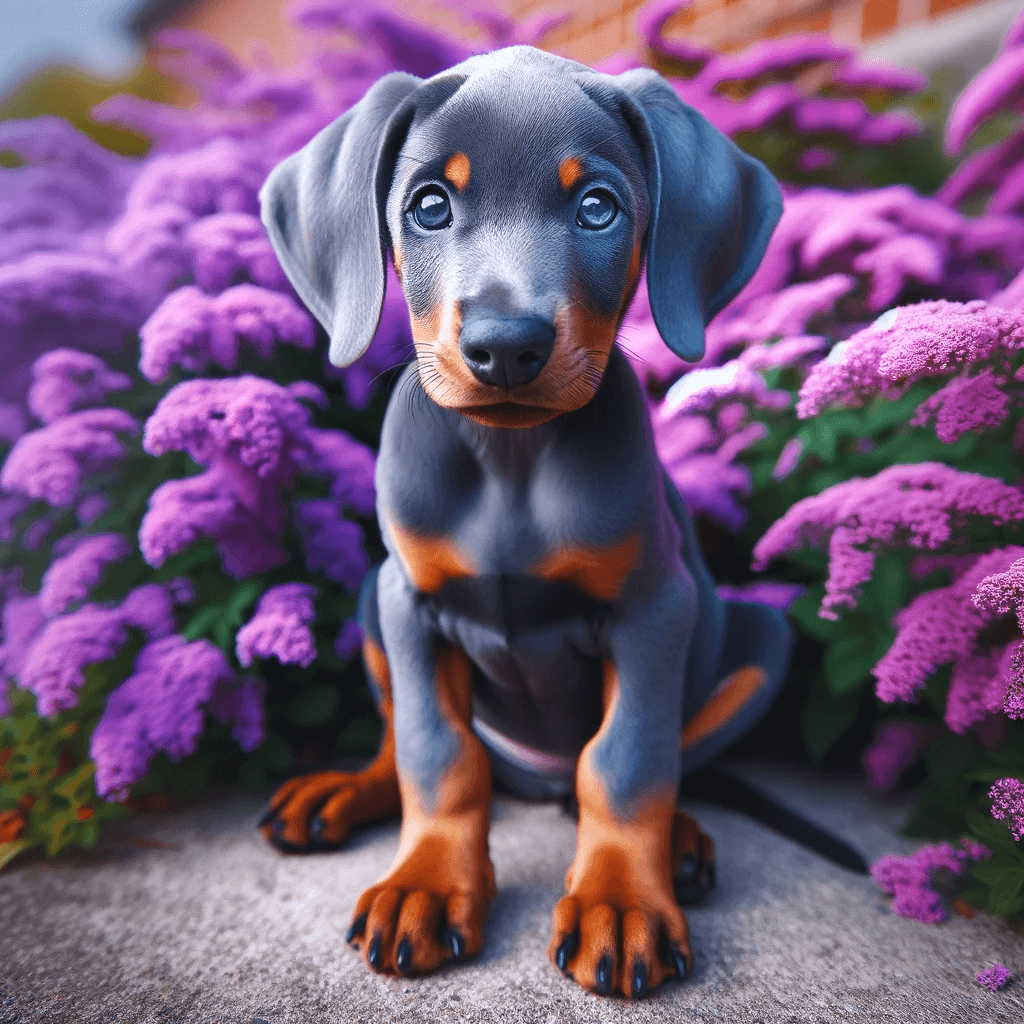 Blue_Doberman_puppy_is_seated_on_concrete_surrounded_by_purple_flowers