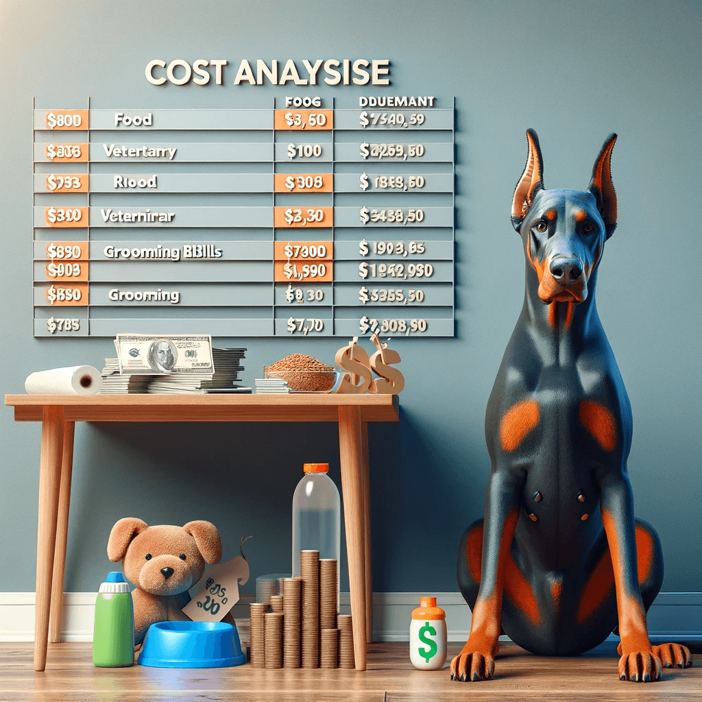 Blue_Doberman_with_the_dog_sitting_next_to_a_table_displaying_various_dog