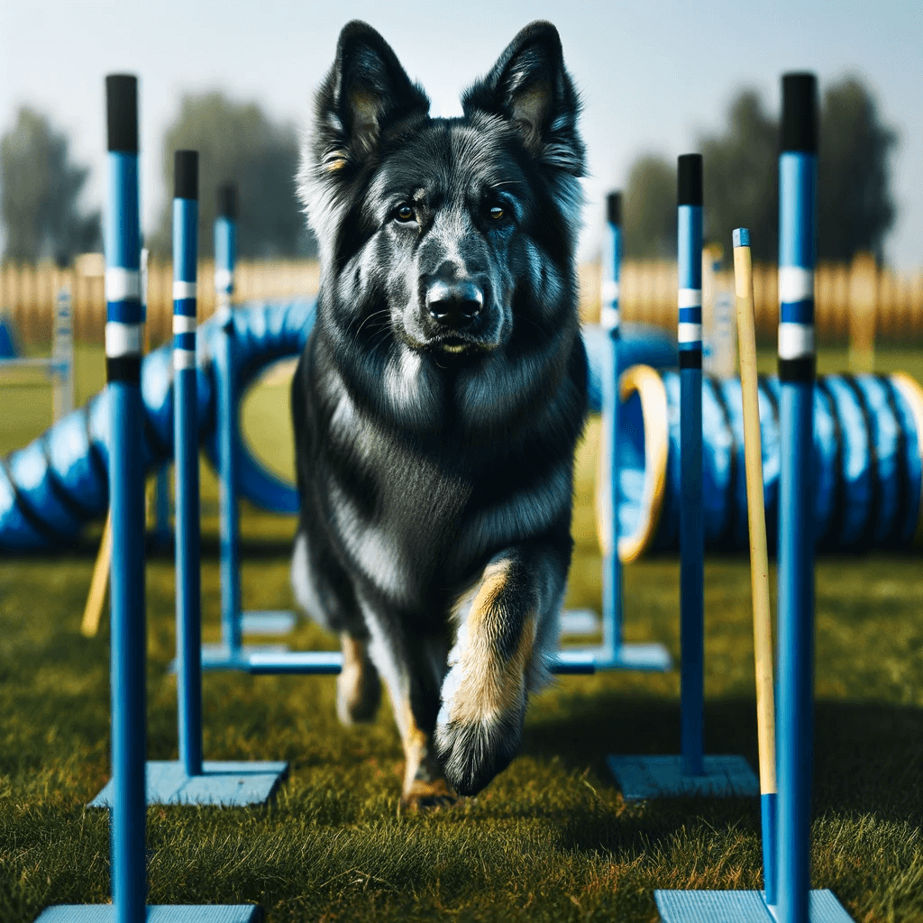 Blue_German_Shepherd_with_a_serious_expression_training_in_an_agility_course