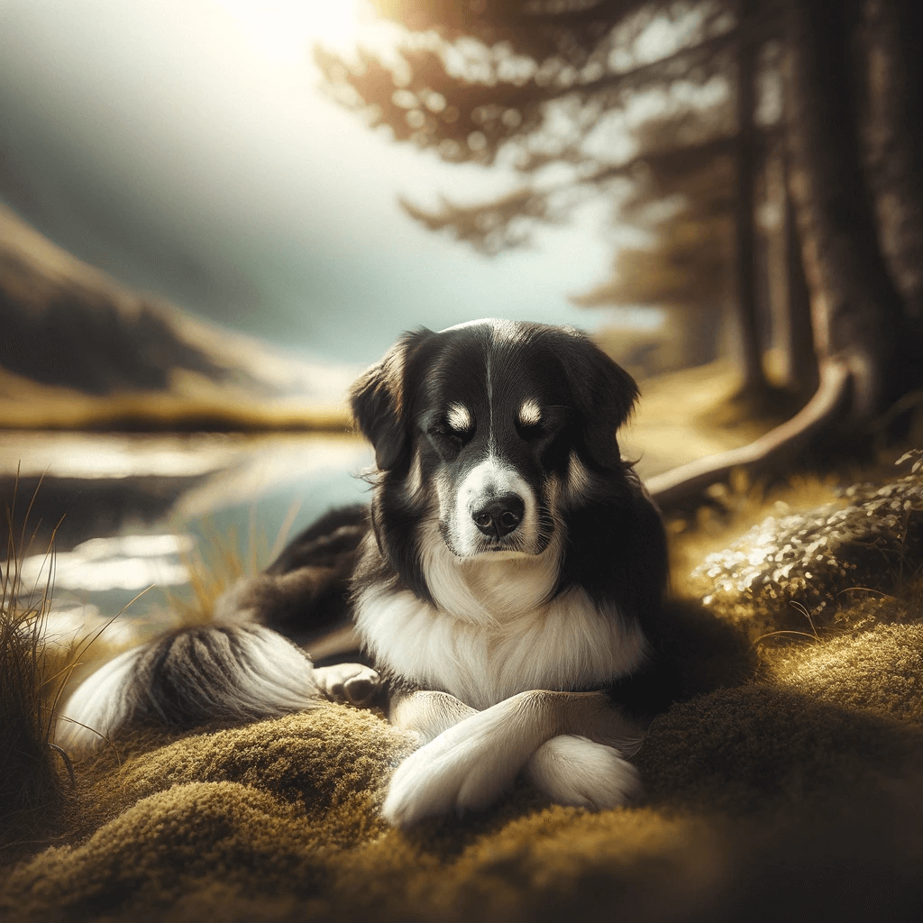 Borador_Border_Collie_Lab_Mix_resting_peacefully_in_a_serene_setting_reflecting_its_adaptable_and_calm_demeanor