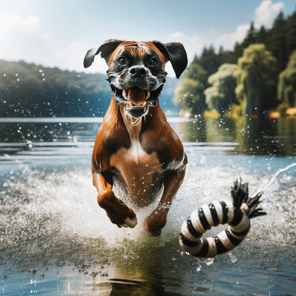 Boxador_happily_splashing_in_a_lake_chasing_after_a_floating_toy_with_a_look_of_excitement_and_energy._The_lake_is_surrounde