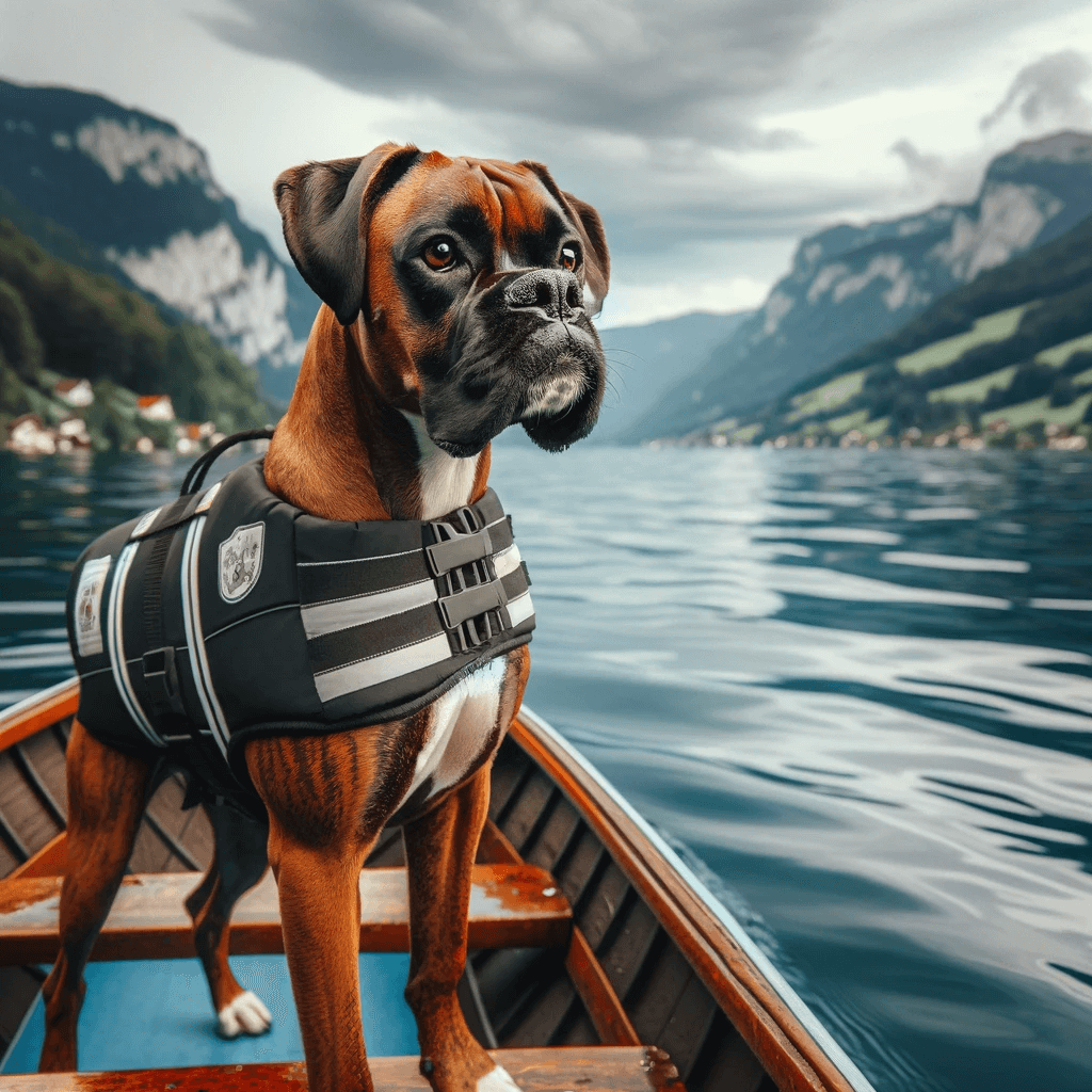 Boxador_on_a_boat_wearing_a_doggy_life_jacket_ready_for_a_water_adventure_with_a_lake_and_mountains_in_the_background
