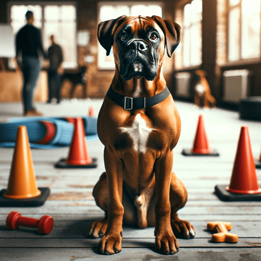 Boxador_sitting_obediently_in_a_basic_training_class_its_focus_and_trainability_on_display_surrounded_by_cones_and_training_equipment
