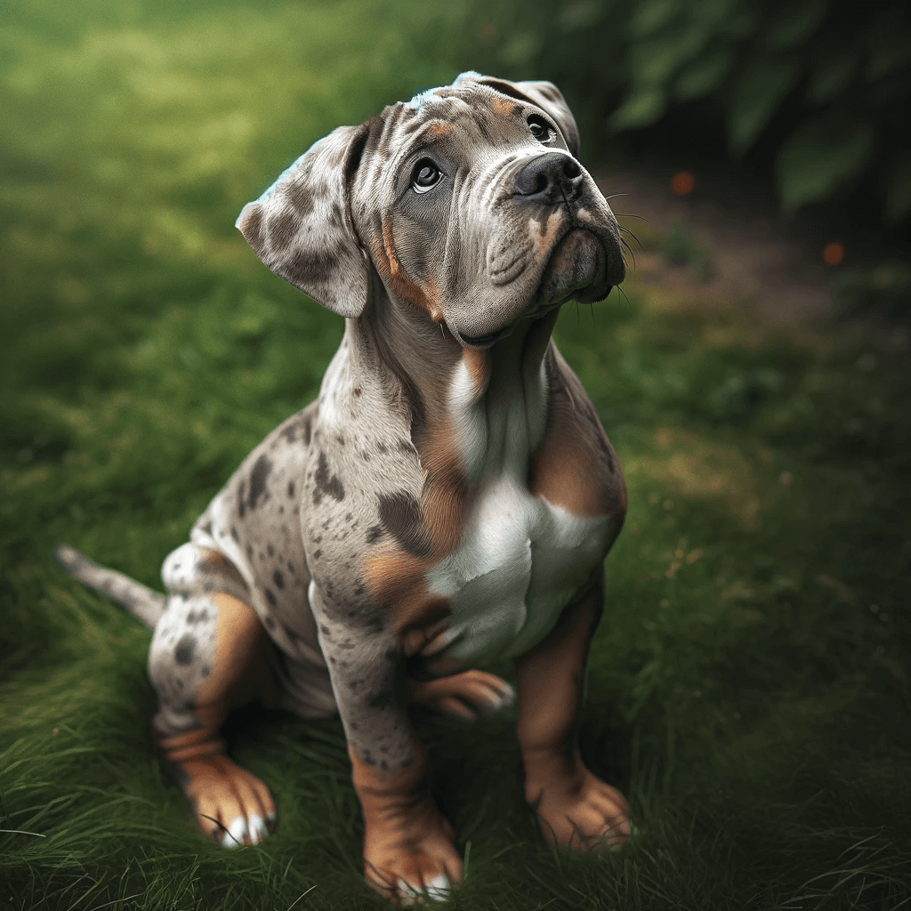 Catahoula_Bulldog_is_seated_on_grass_looking_upwards_with_a_coat_that_has_a_unique_pattern_of_light_brown_spots