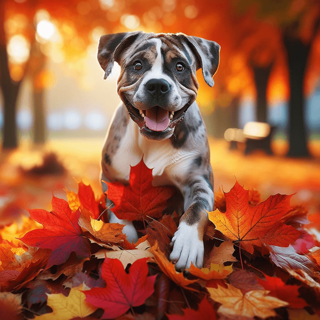 Catahoula_Bulldog_playing_in_a_pile_of_autumn_leaves