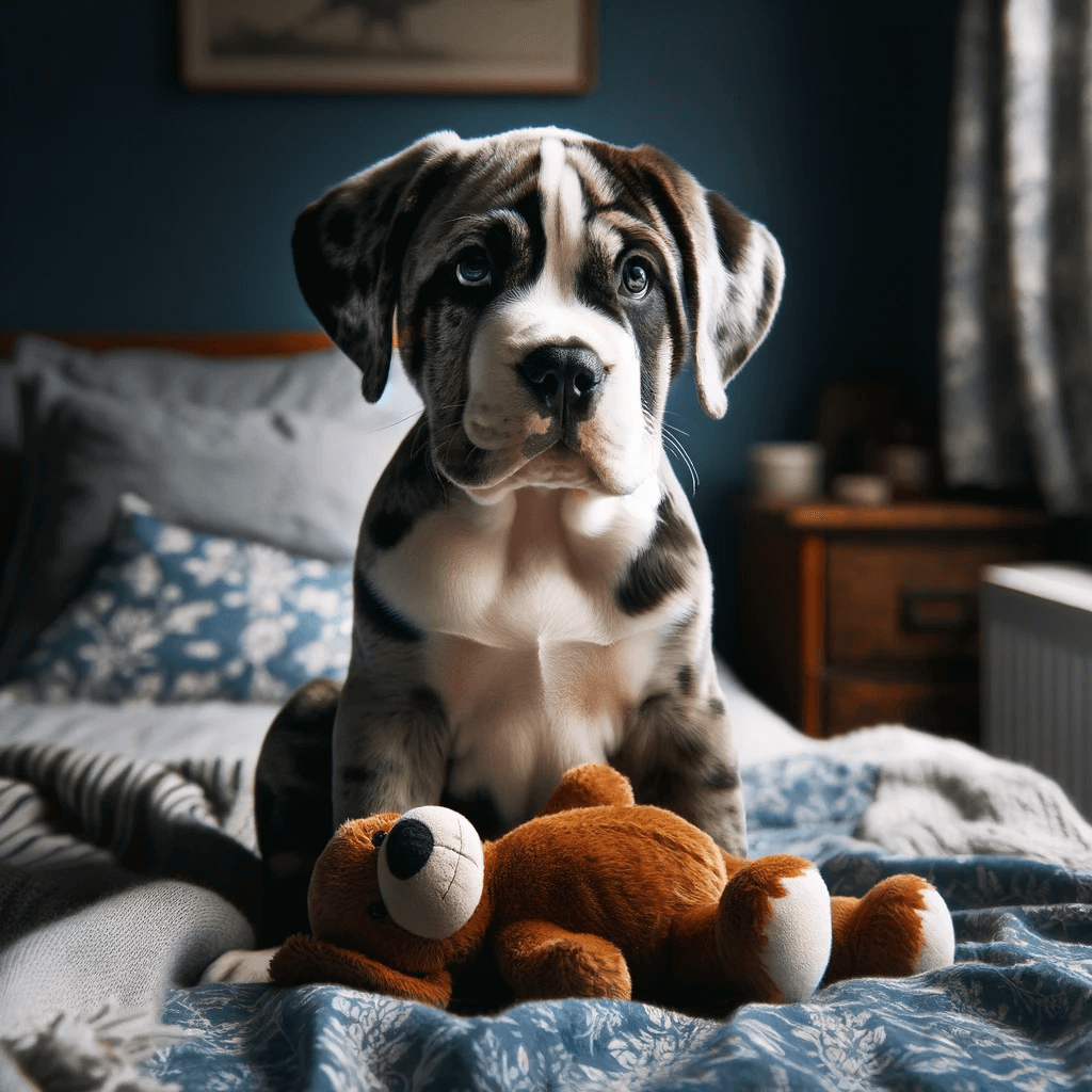 Catahoula_Bulldog_puppy_with_a_merle_and_white_coat_sitting_on_a_blue_patterned_surface_with_a_plush_toy_appearing_calm_and_observant