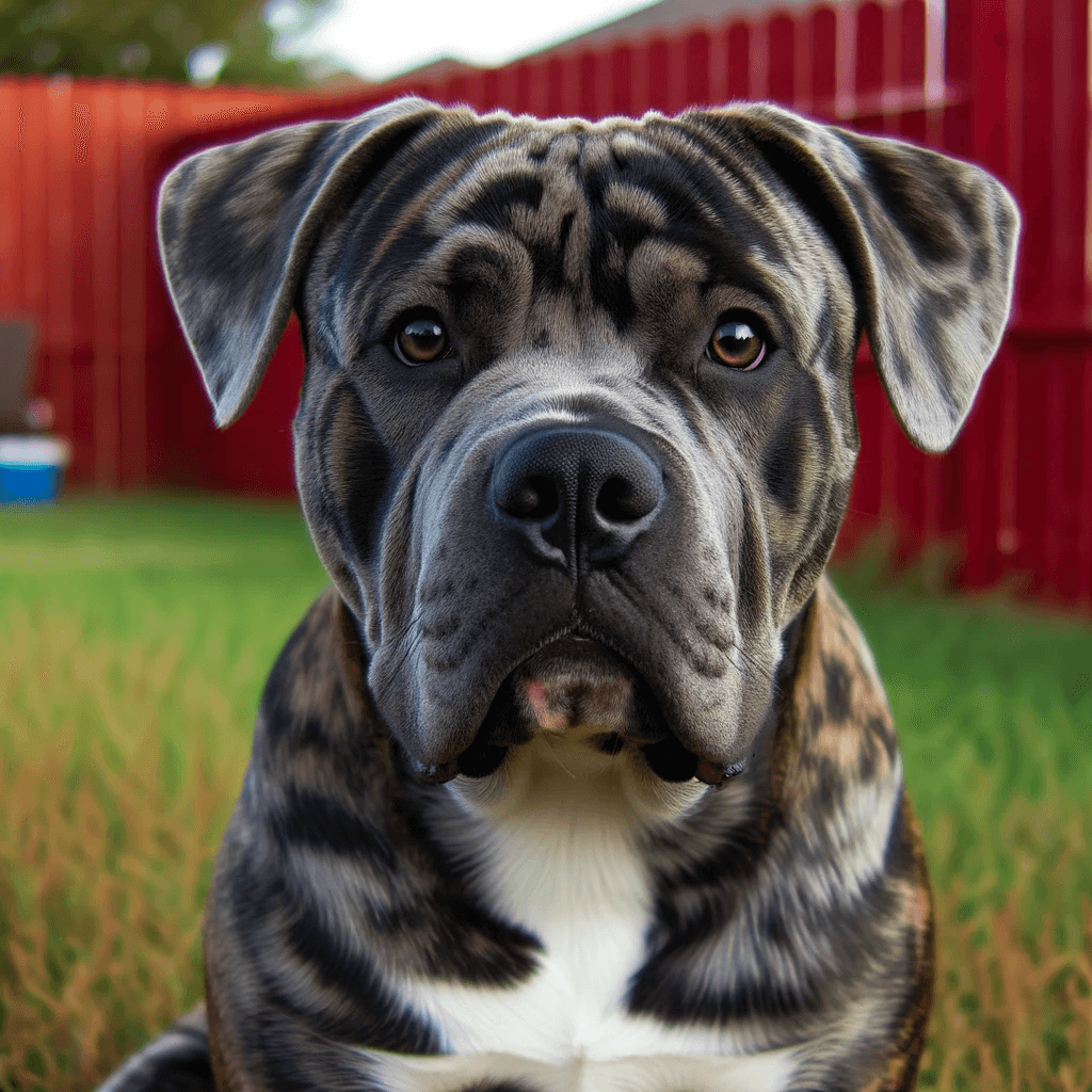 Catahoula_Bulldog_sitting_on_grass_with_a_red_fence_in_the_background_showcasing_its_brindle_coat_and_bright_alert_eyes