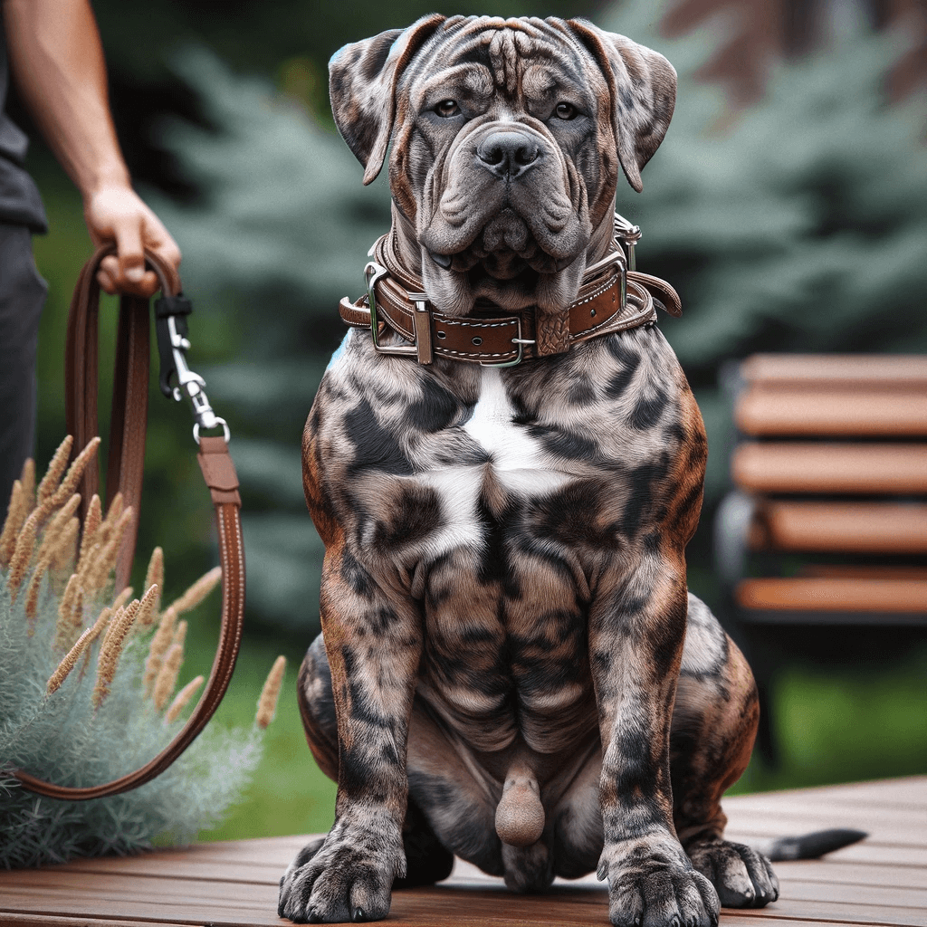 Catahoula_Bulldog_sitting_outdoors_with_a_collar_and_a_leash_featuring_a_brindle_patterned_coat_and_a_muscular_build