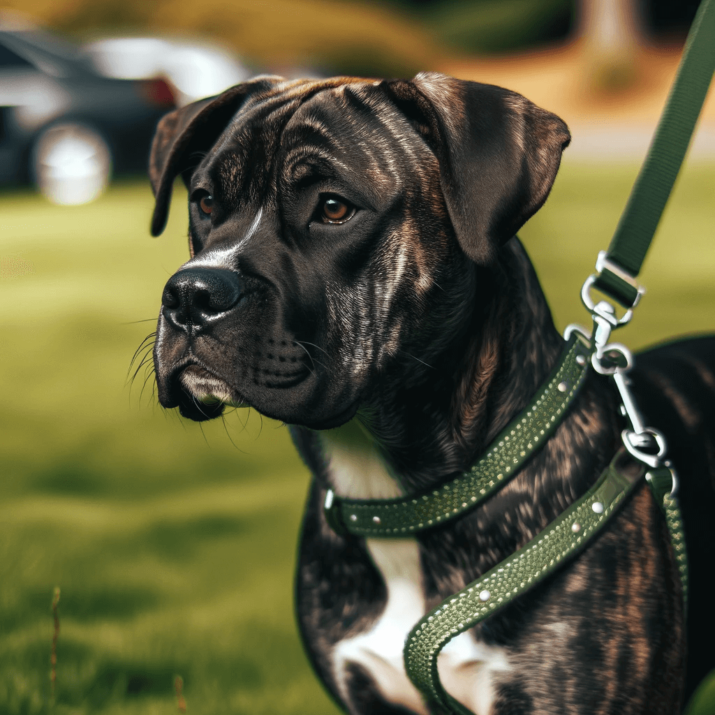 Catahoula_Bulldog_with_a_dark_brindle_coat_standing_on_grass_connected_to_a_green_leash_looking_attentively_to_the_side