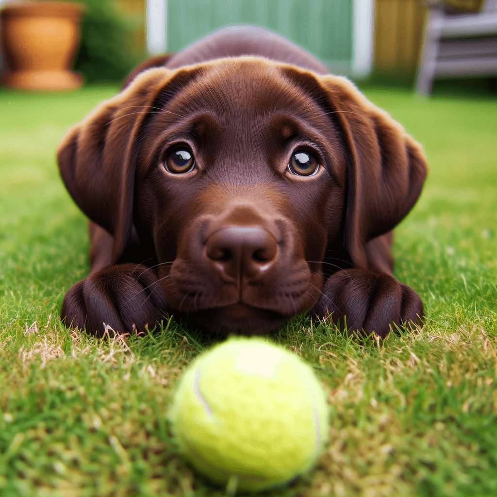 Chocolate_Lab_Puppy_With_Bright_Eyes_Waiting_to_Fetch_an_Even_Smaller_Yellow_Tennis_Ball_in_a_Green_Backyard