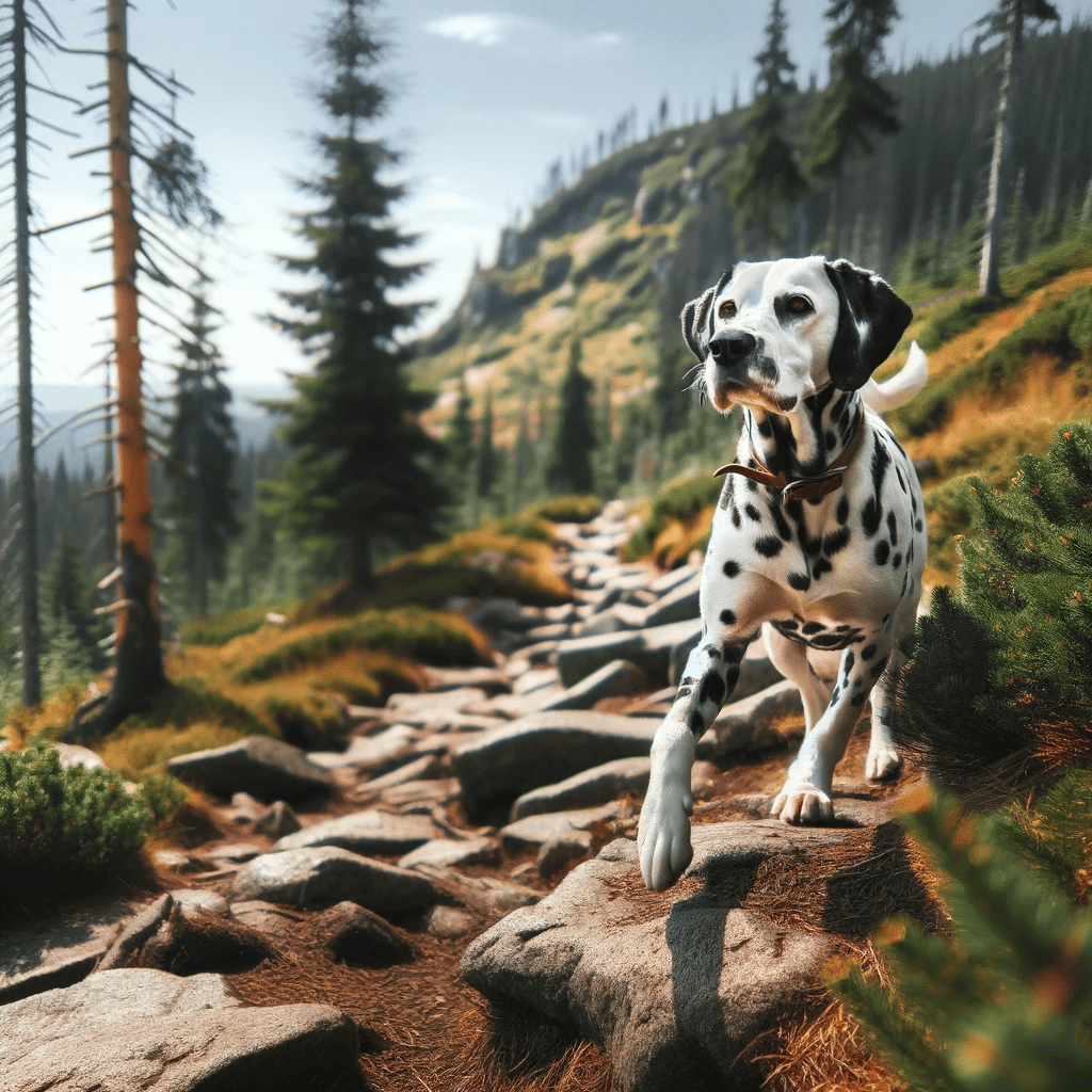 Dalmador_Dalmatian_Lab_Mix_on_a_hike_navigating_through_rough_terrain_with_ease_and_agility