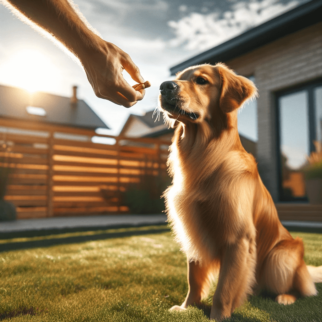 Dark_Golden_Retriever_is_seen_standing_on_the_grass_its_attention_fixed_on_a_human_hand_holding_a_treat