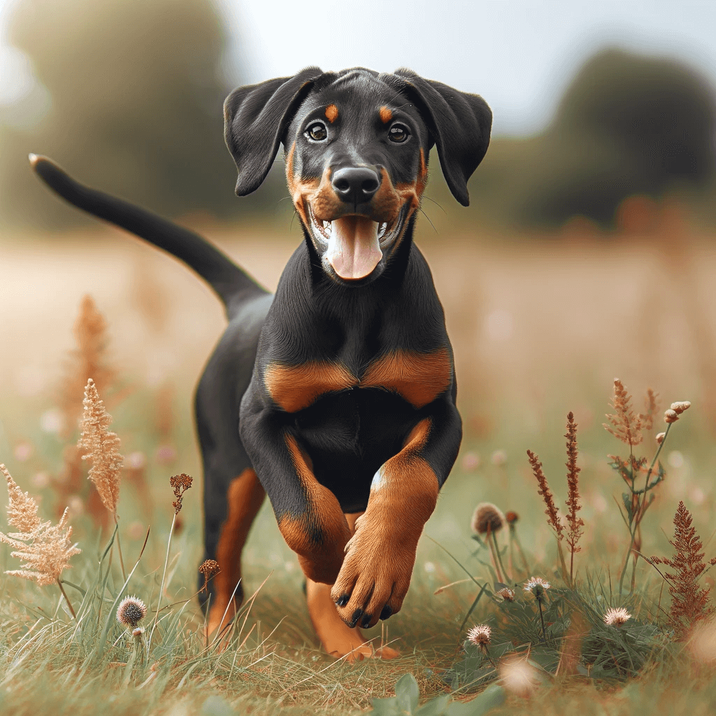 DobermanLabrador mix puppy playing in a meadow