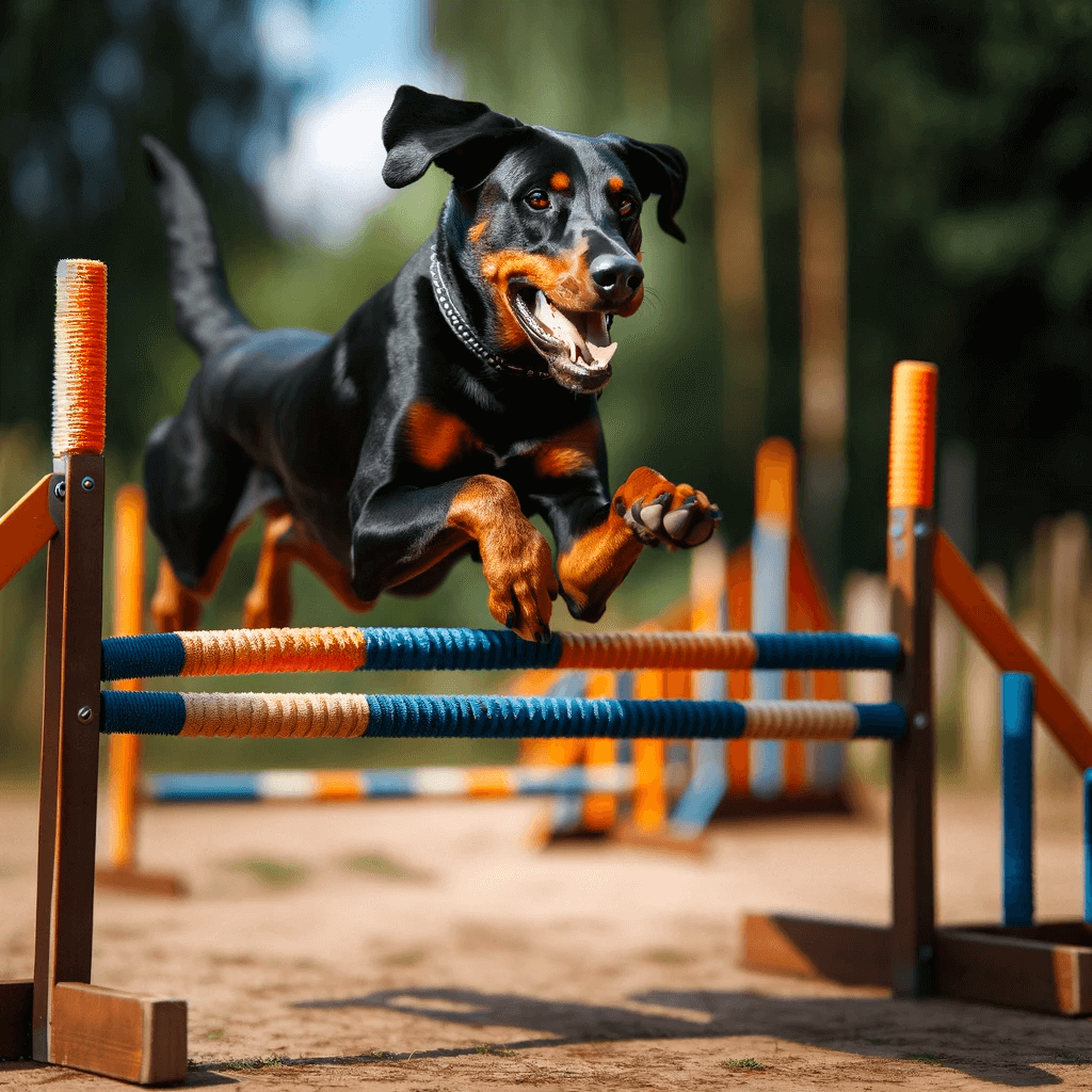 Doberman Lab mix dog eagerly participating in an agility training
