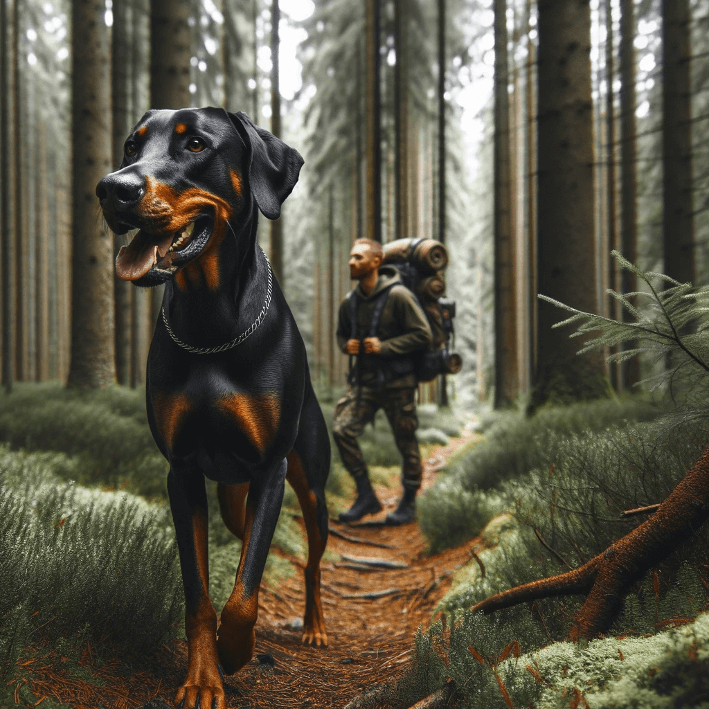 Doberman Lab mix dog hiking with its owner