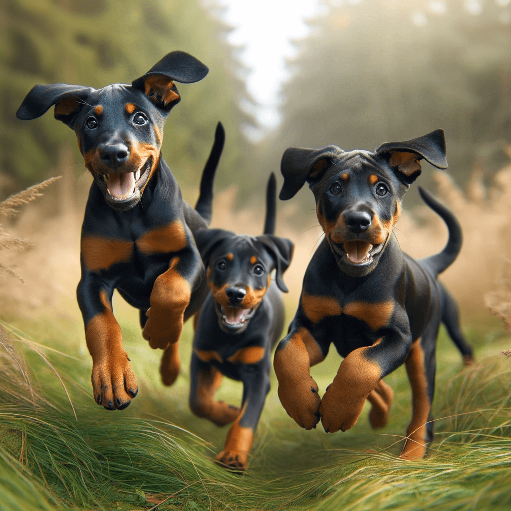 Doberman Labrador mix puppies frolicking joyfully in a field