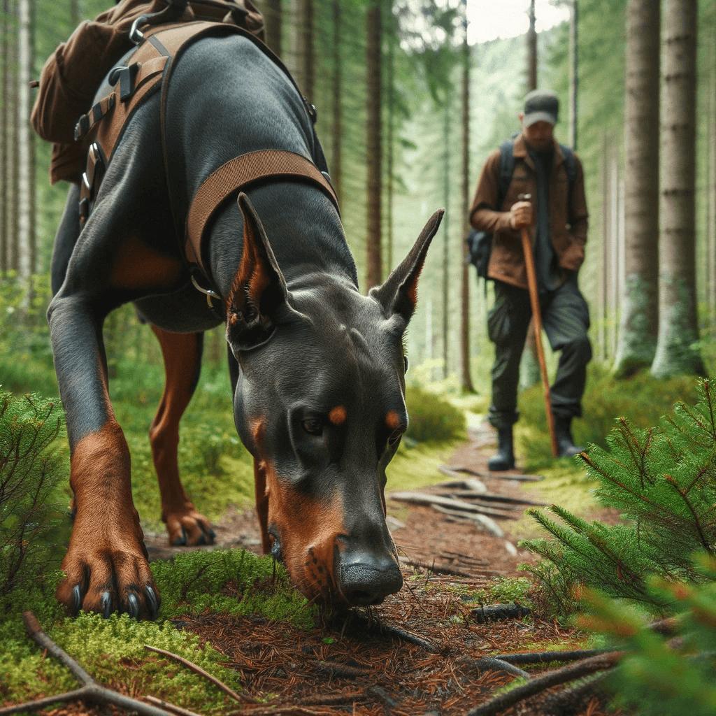 Doberman hiking alongside its owner on a forest trail