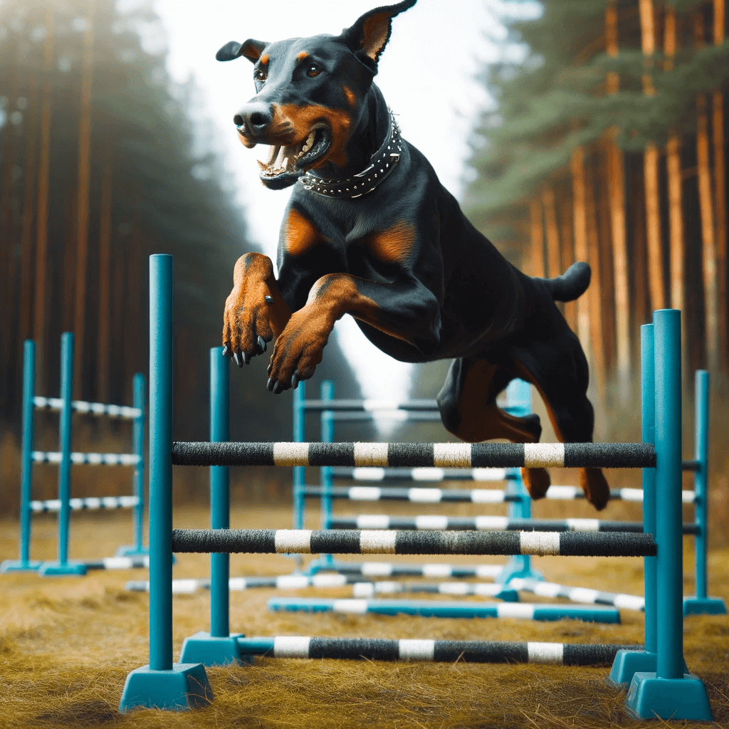 Doberman skillfully navigating through an obstacle course