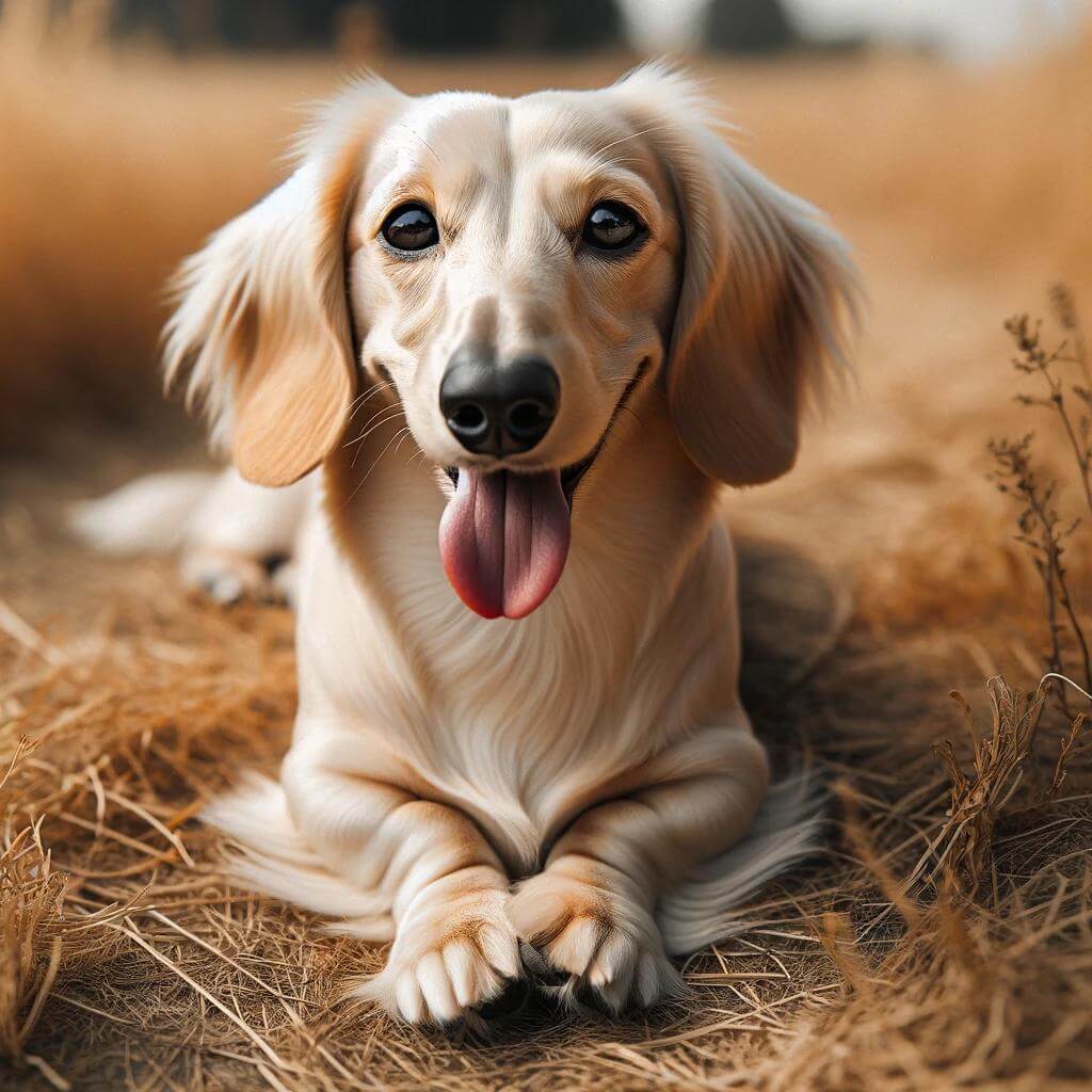 English_cream_Dachshund_lying_on_dry_grass