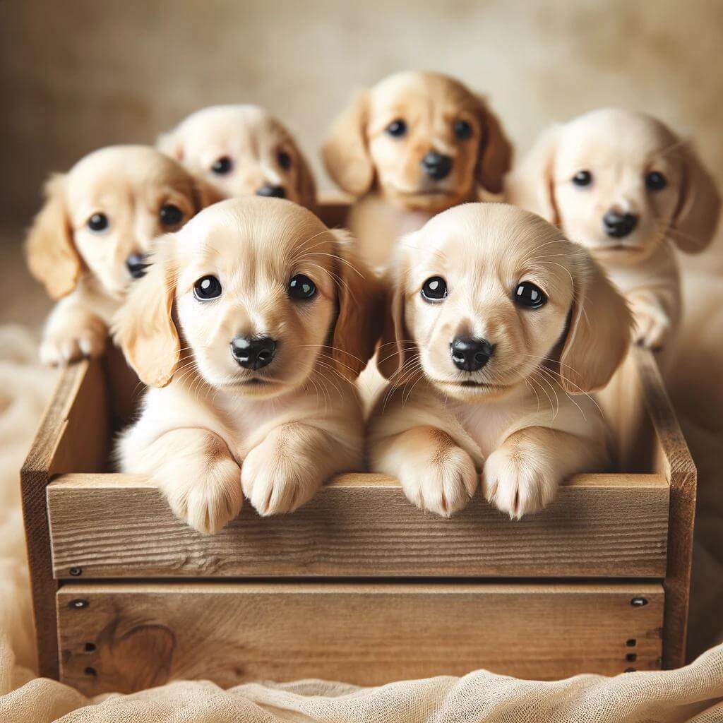 English_cream_Dachshund_puppies_nestled_in_a_woode