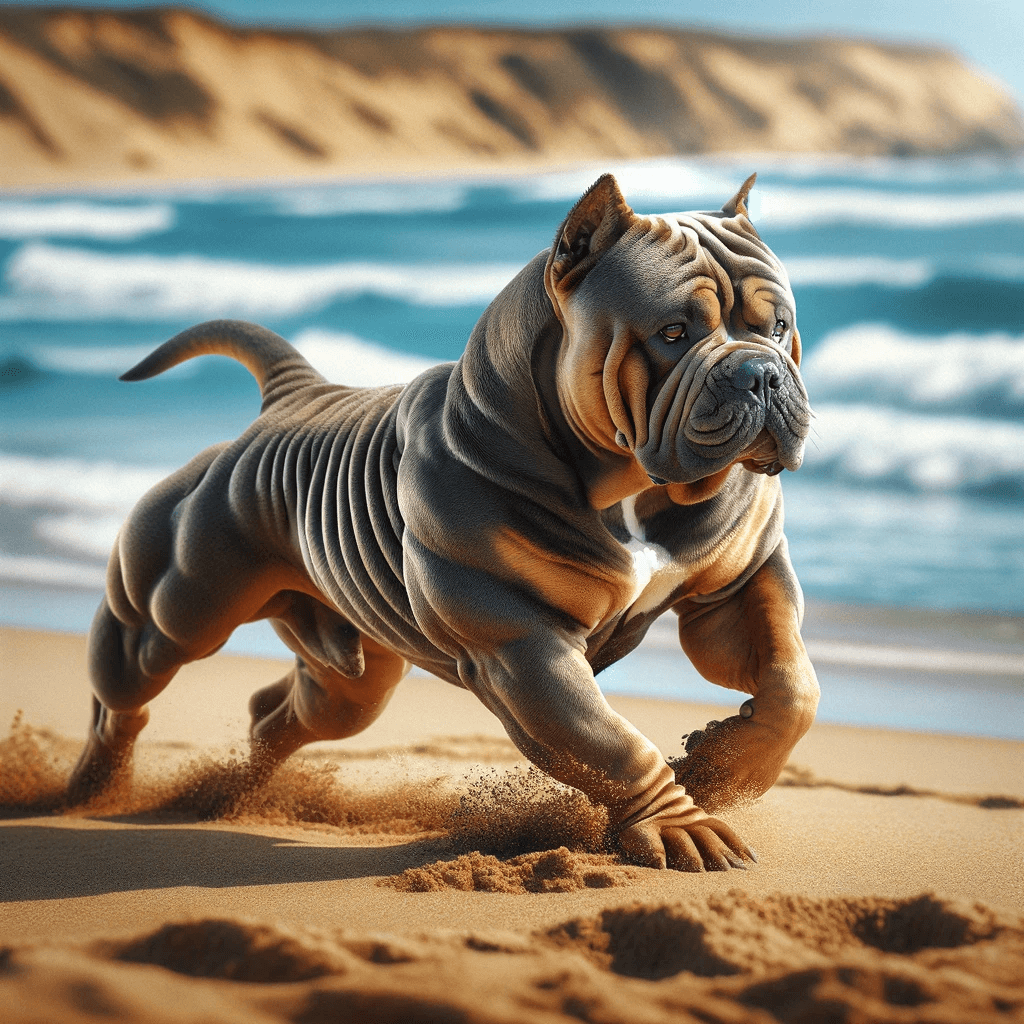 Exotic_Bully_dog_exploring_a_sandy_beach_showing_off_its_muscular_physique_and_adventurous_spirit_against_the_ocean_backdrop
