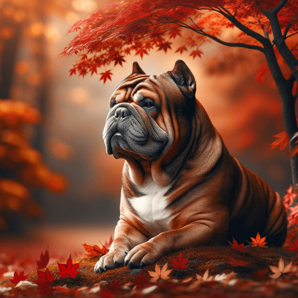 Exotic_Bully_enjoying_a_peaceful_moment_in_an_autumnal_setting_showcasing_the_breed_s_longevity_and_serene_nature.