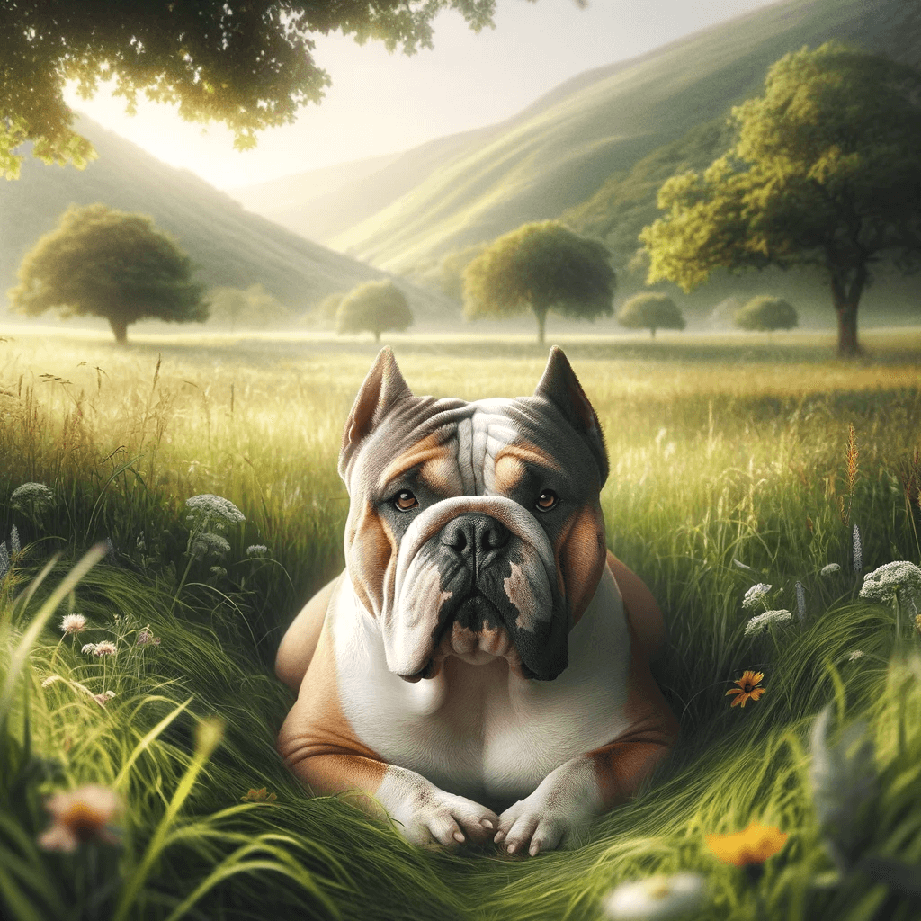 Exotic_Bully_lying_down_in_a_sprawling_meadow_emphasizing_its_peace-loving_nature_and_harmony_with_nature.