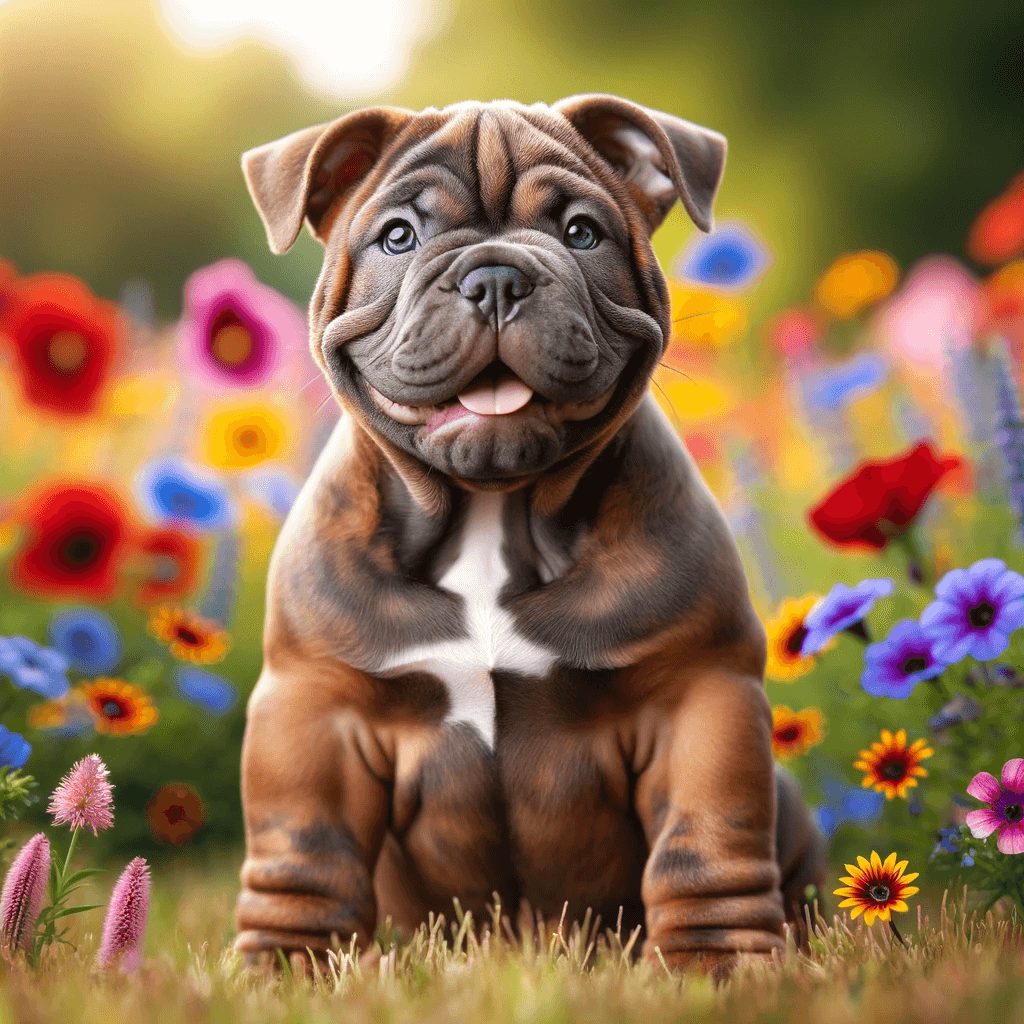 Exotic_Bully_puppy_sitting_amidst_a_colorful_field_of_flowers_showcasing_its_muscular_build_and_friendly_demeanor.