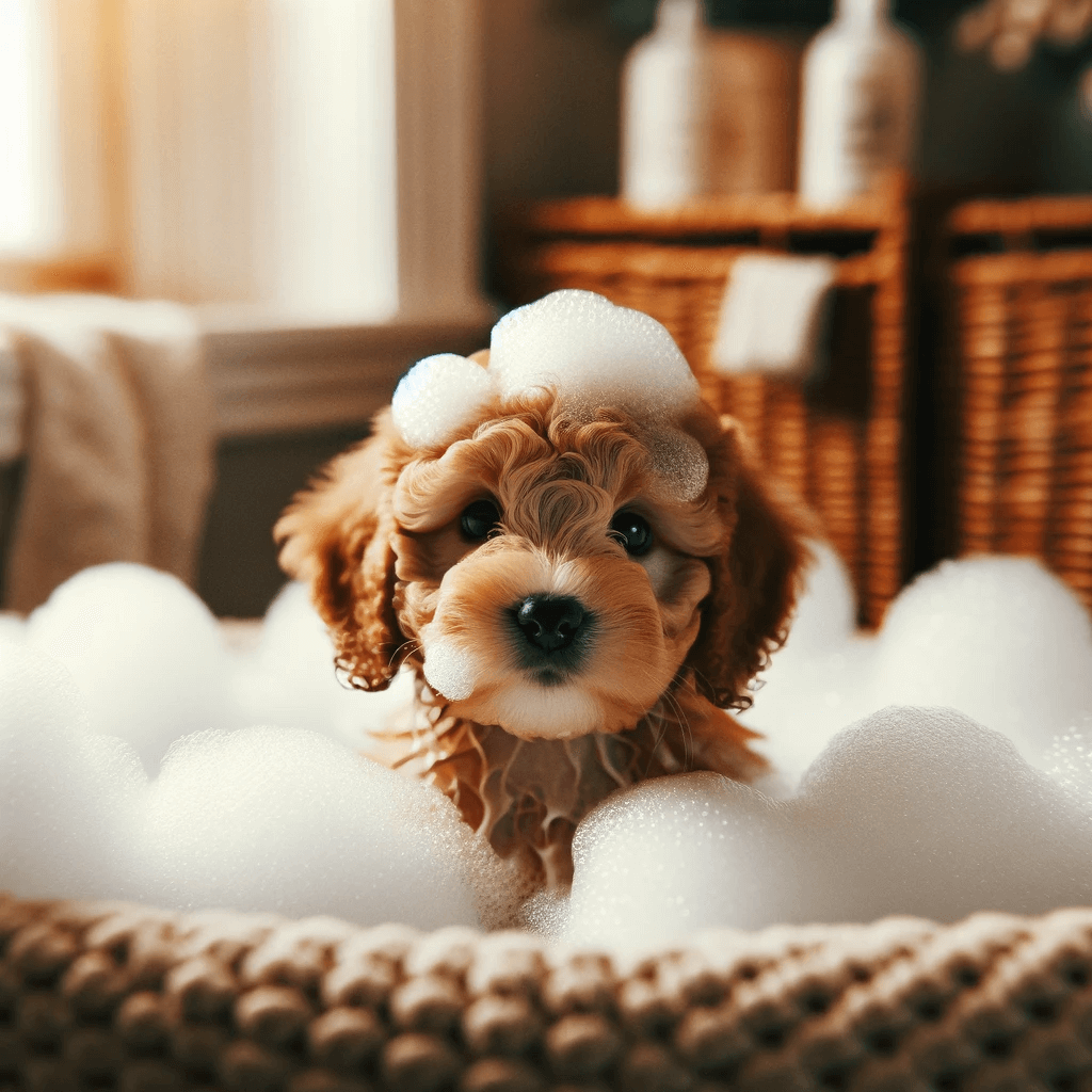 F1BB_Mini_Goldendoodle_puppy_taking_a_bubble_bath