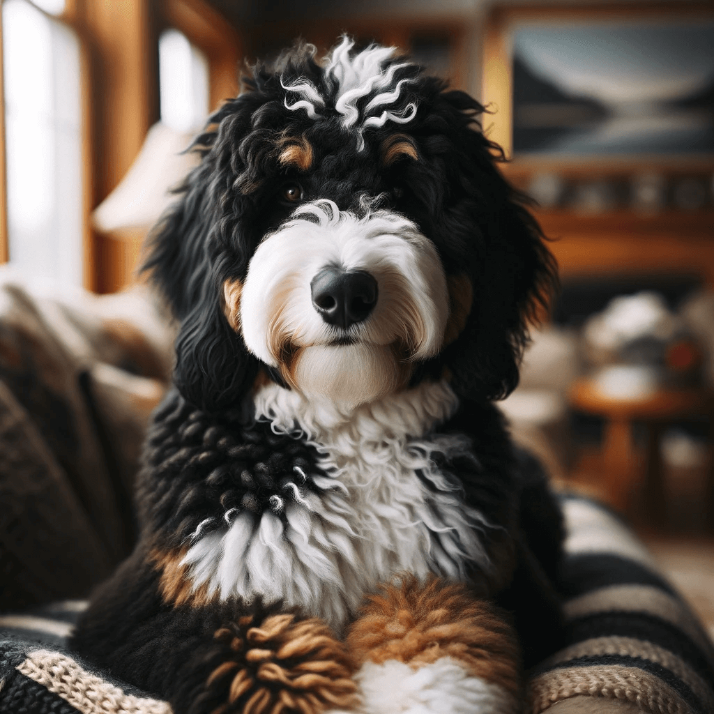 F1B_Bernedoodle_is_captured_in_a_cozy_indoor_setting_with_a_striking_combination_of_black_white_and_brown_curls