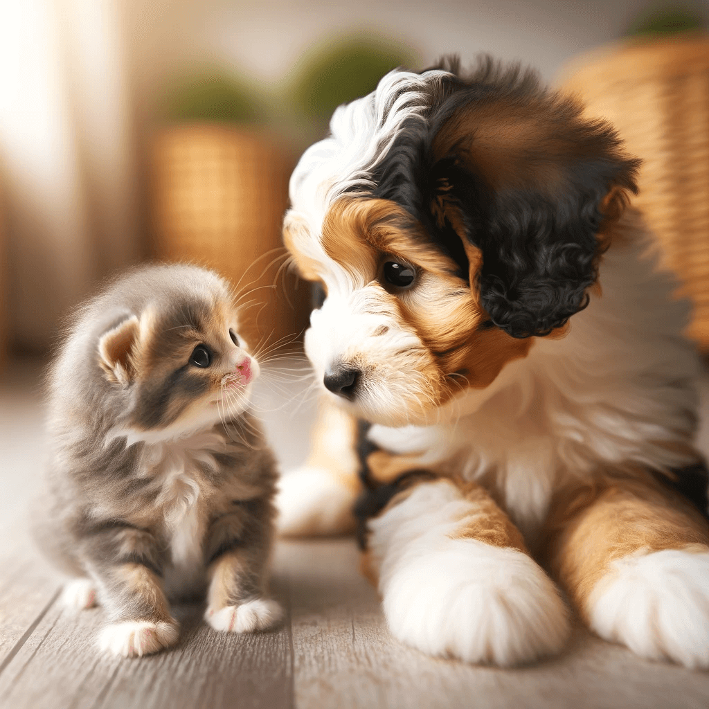 F1B_Bernedoodle_puppy_gently_interacts_with_a_tiny_kitten_for_the_first_time