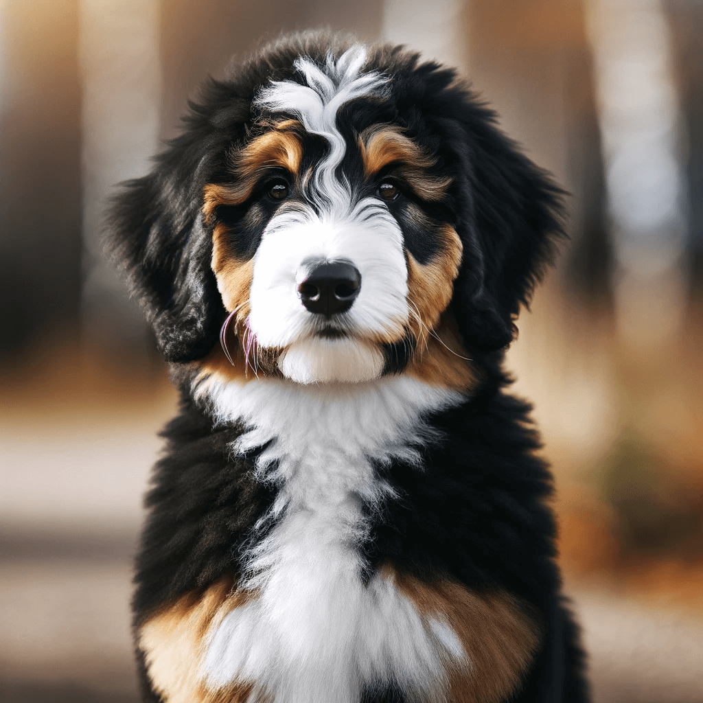 F1B_Bernedoodle_standing_outdoors_showcasing_a_tri-color_coat_with_black_white_and_tan_markings