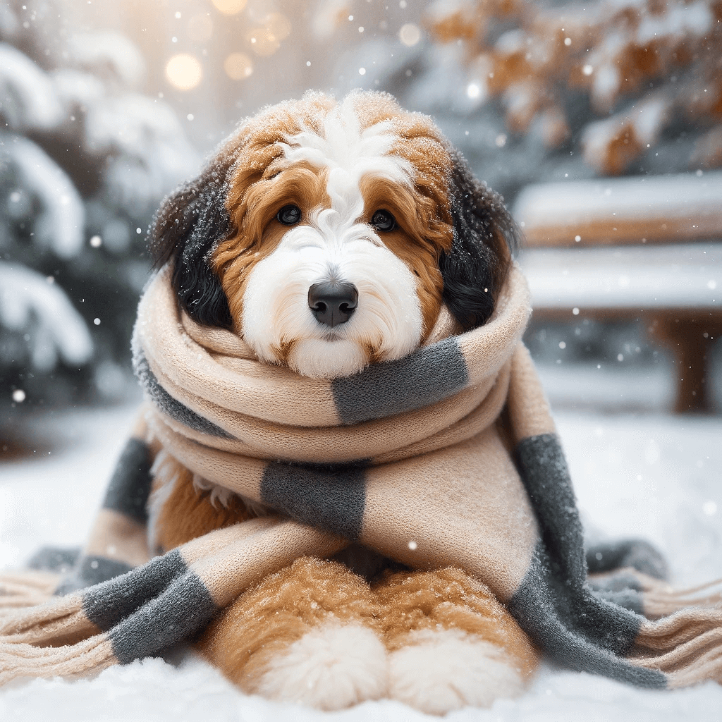 F1B_Bernedoodle_wrapped_in_a_warm_scarf_enjoying_a_snowy_day