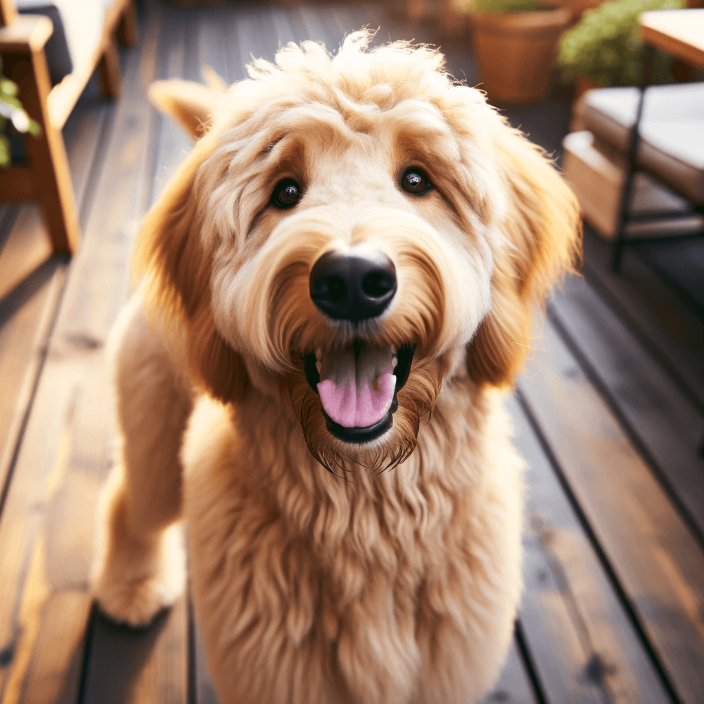 Flat-Coated_Goldendoodle_with_a_golden_coat_is_standing_on_a_wooden_deck_looking_directly_at_the_camera_with_a_bright_and_happy_expression_tongue